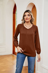 Solid Color V-neck Loose Long Sleeve T-shirt