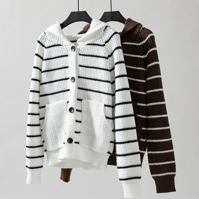 Hooded Striped Knit Cardigan Sweater