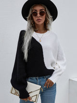 Bat Sleeve Color Matching Round Neck Sweater