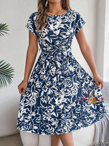 Flower Short-sleeved Pleated Dress