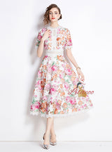 Retro Elegant Lace Stitching Printed Dress