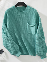 Solid Color Pocket Round Neck Long Sleeve Sweater