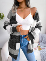 Contrasting Striped Lantern Sleeve Sweater Coat