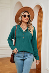 Solid Color Button Long Sleeve Hooded Loose Top