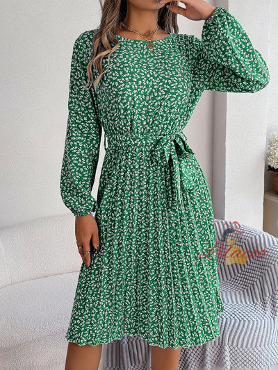 Casual Long-sleeved Floral Pleated Dress