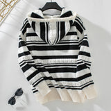 Striped Pullover Hooded Drawstring Knit Top Sweater