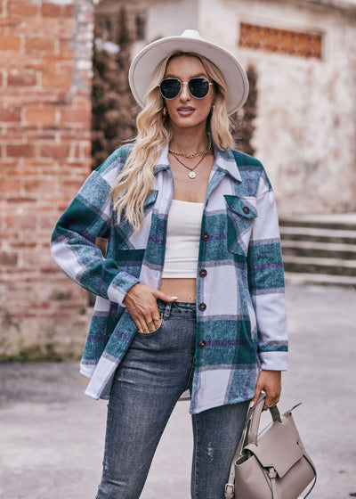 Autumn and Winter Casual Plaid Loose Pocket Coat