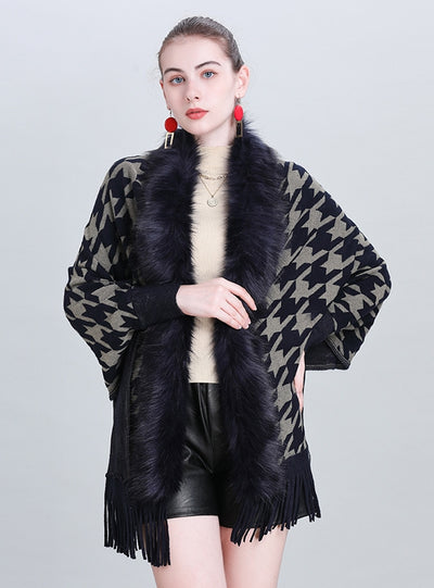 Shawl Houndstooth Fur Collar Fringed Shawl