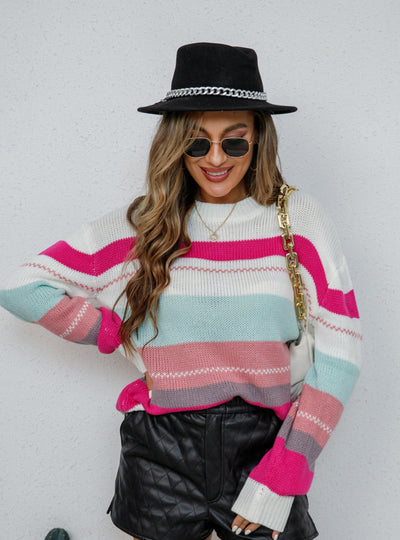 Spliced Round Neck Loose Long-sleeved Sweater