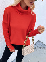 Solid Color High Neck Button Sweater