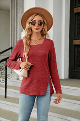 Square Neck Button Split Loose Long Sleeve T-shirt