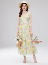 Colored Three-dimensional Flower Suspender Lace Dress