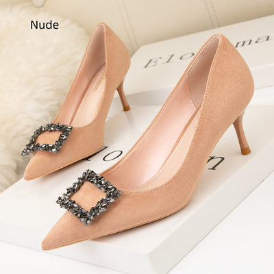 Suede Pointed Diamond Square Buckle Shoes