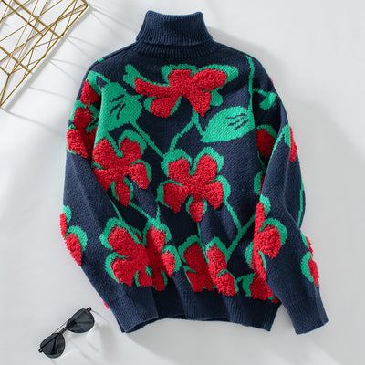 Three-dimensional Flocking Flower Pattern Lapel Sweater