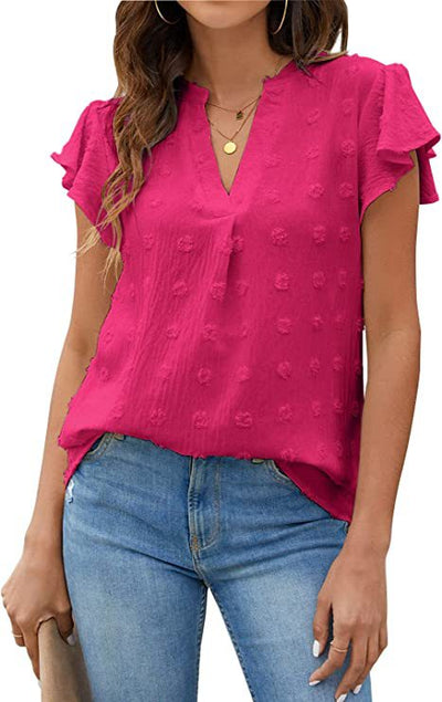 V-neck Pleated Lotus Leaf Sleeve Wool Ball Chiffon Shirt