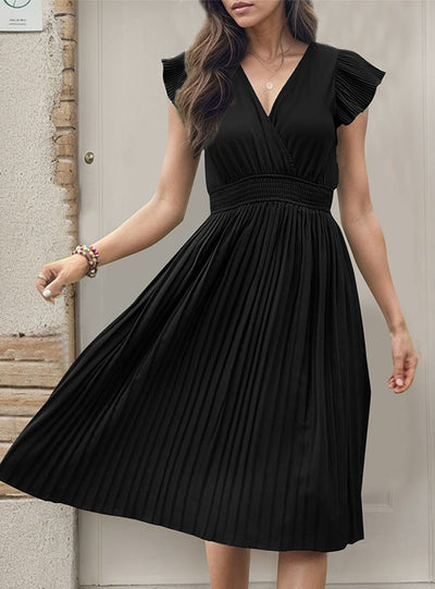 V-neck High Waist Pleated Dress