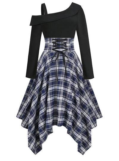 Irregular Plaid Long Sleeve Stitching Dress