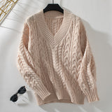 Loose-fitting Retro Twist V-neck Long Sleeve Sweater