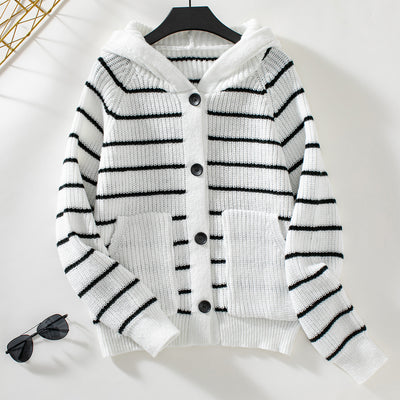 Hooded Striped Knit Cardigan Sweater