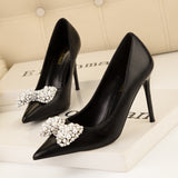 Pearl Bow Thin High Heels Shoes