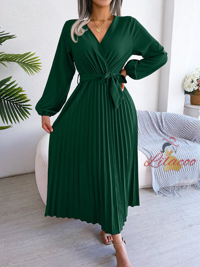 Cross V-neck Pleated Long Sleeve Dress