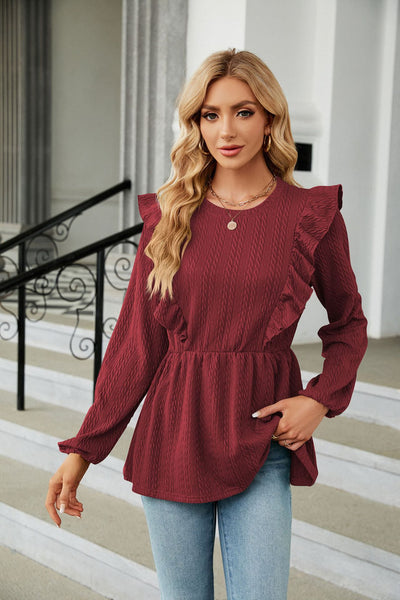 Pleated Spliced Round Neck Long Sleeve T-shirt