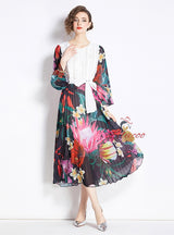 Positioning Printed Stitching Pleated Big Swing Dress