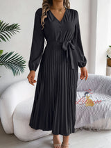 V-neck Button Big Swing Pleated Long Dress