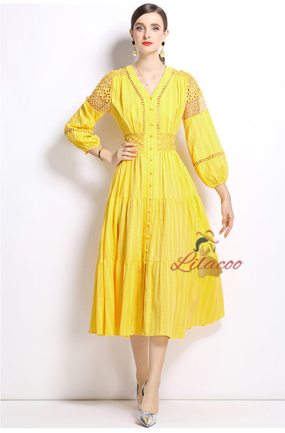 V-neck Lantern Sleeve Lace Embroidered Dress