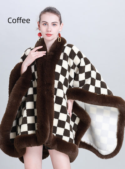 Thickened Plaid Fur Collar Cloak Shawl