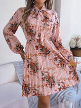 Flower Silm Waist Long Sleeve Pleated Dress