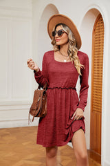 Solid Color Square Neck Long Sleeve Loose Dress