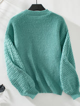 Solid Color Pocket Round Neck Long Sleeve Sweater