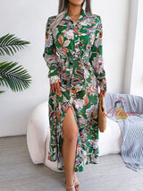 Retro Flower Lapel Lace-up Shirt Long Dress