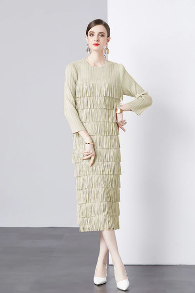 Long Sleeve Cake Pleated Fringed Dress