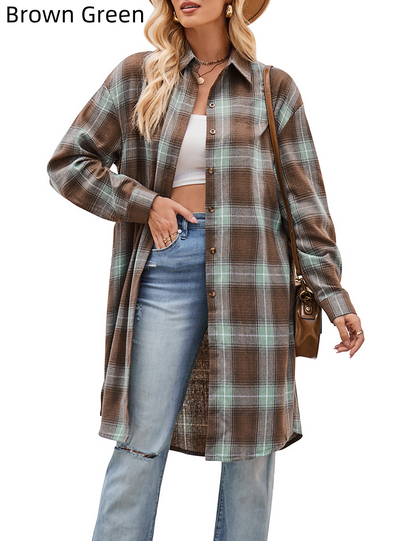 Fashion Loose Long Trench Coat Plaid Shirt