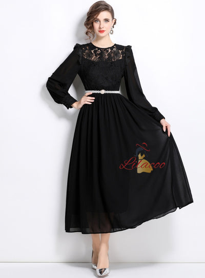 Lace Stitching Chiffon Long Sleeve Dress