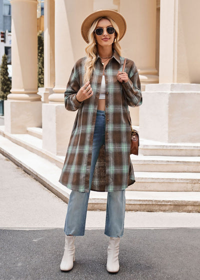 Fashion Loose Long Trench Coat Plaid Shirt