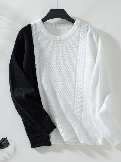 Contrast Round Neck Twisted Long Sleeve Sweater