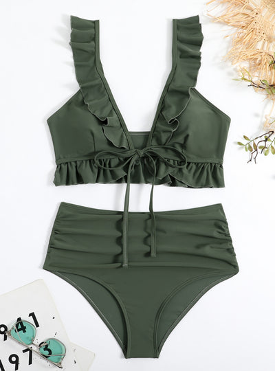 Women Split Pleated Ruffled Bikini