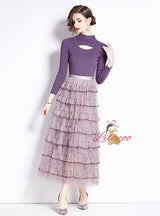 Long Sleeve Round Neck Knit Top+Skirt Two Pieces Suit