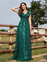 Sexy V-neck Sequined Trumpet Sleeve Prom Dress