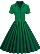 Retro Solid Color Belt Button Dress