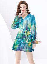 V-neck Lantern Sleeve Mini Print Dress