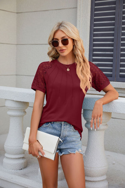 Round Neck Lace Stitching Short Sleeve T-shirt