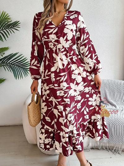 Leisure Flower Long Sleeve Ruffled Dress