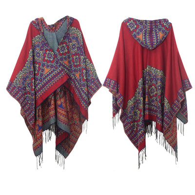 Ethnic Jacquard Hooded Fringed Cloak