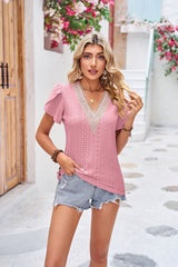 V-neck Lace Stitching Short Sleeve Loose T-shirt