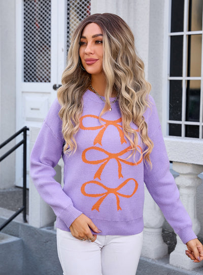 Colour Matching Bow Long Sleeve Sweater