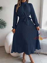 High Neck Long Sleeve Pleated Dress